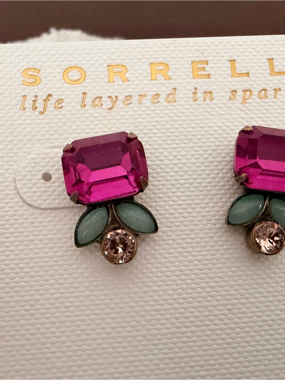 Sorrelli Fuchsia Crystal Studs with Mint Accents and Champagne Drop - Picture 2 of 4
